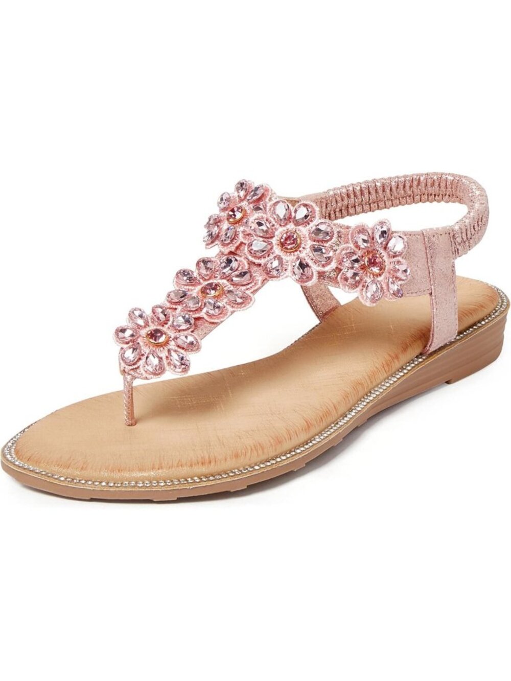 Sparkly Rhinestone Flat Thong Sandals with Boho Ankle Strap - Women’s Summer